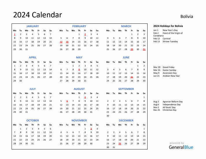 2024 Calendar with Holidays for Bolivia