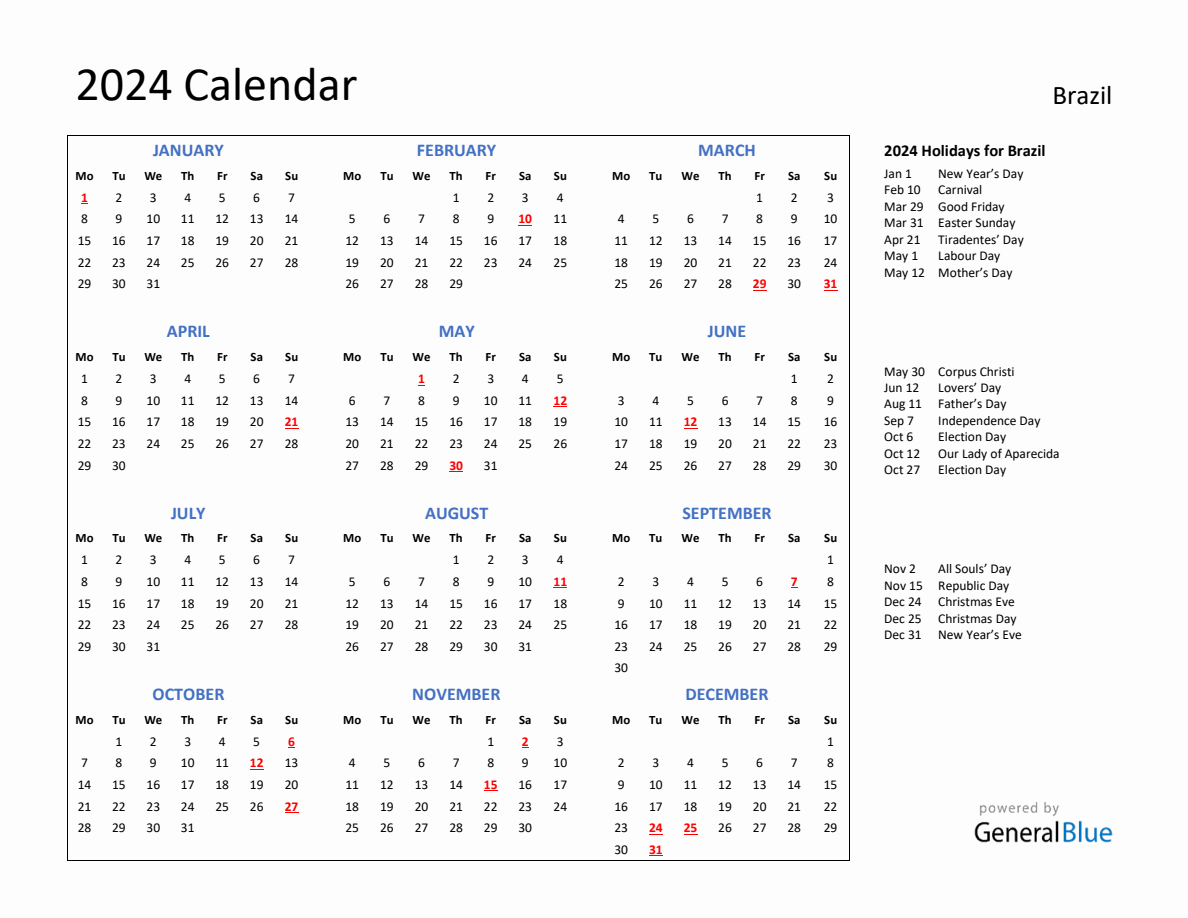 2024 Calendar with Holidays for Brazil