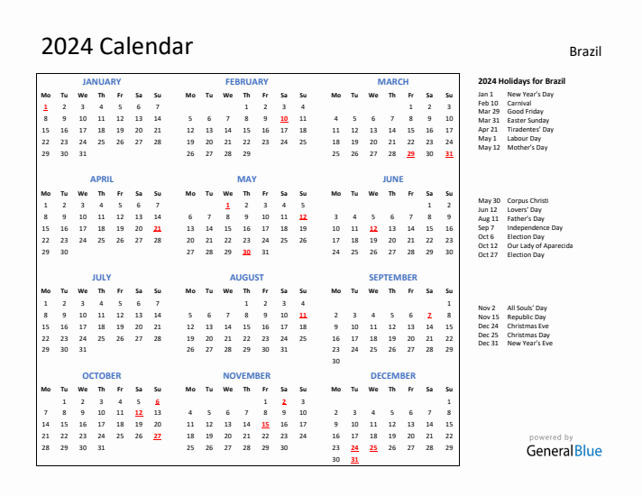 2024 Calendar with Holidays for Brazil