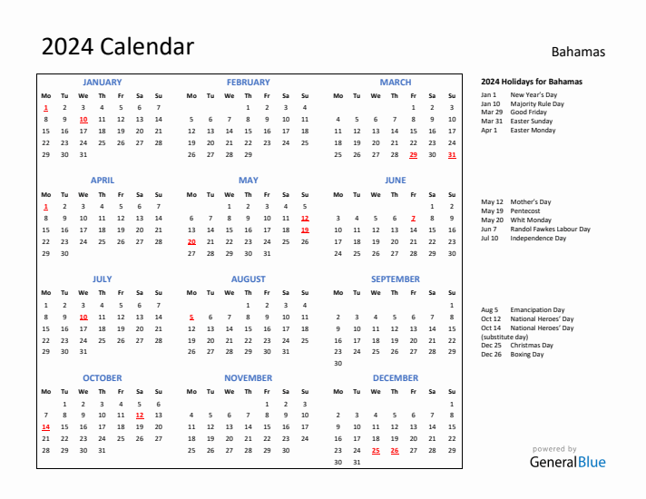 2024 Calendar with Holidays for Bahamas