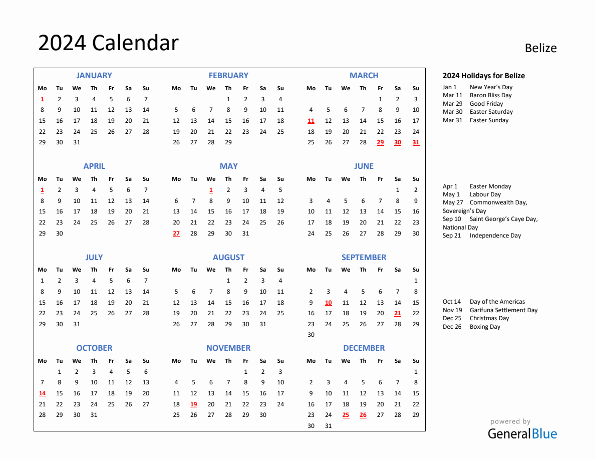 2024 Calendar with Holidays for Belize