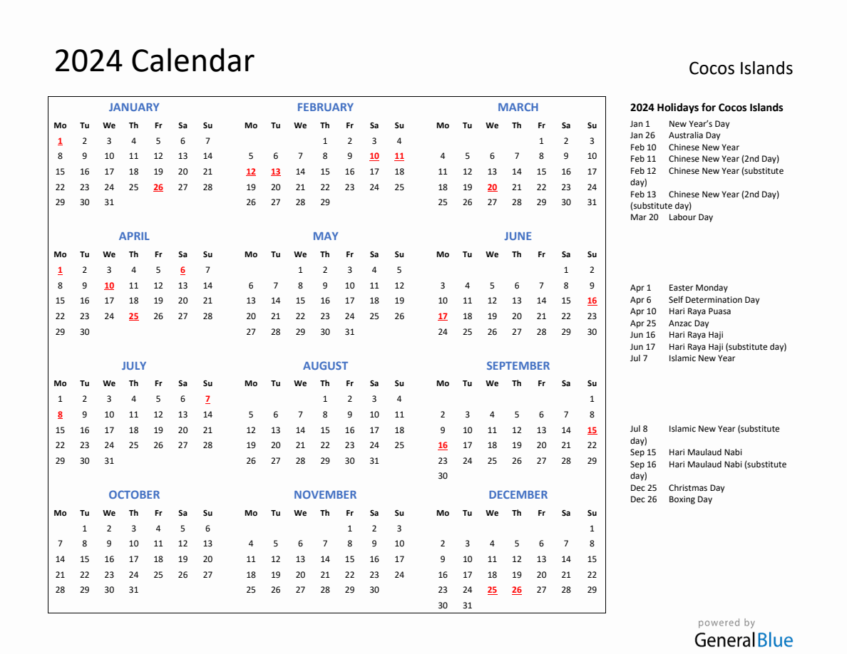 2024 Calendar with Holidays for Cocos Islands