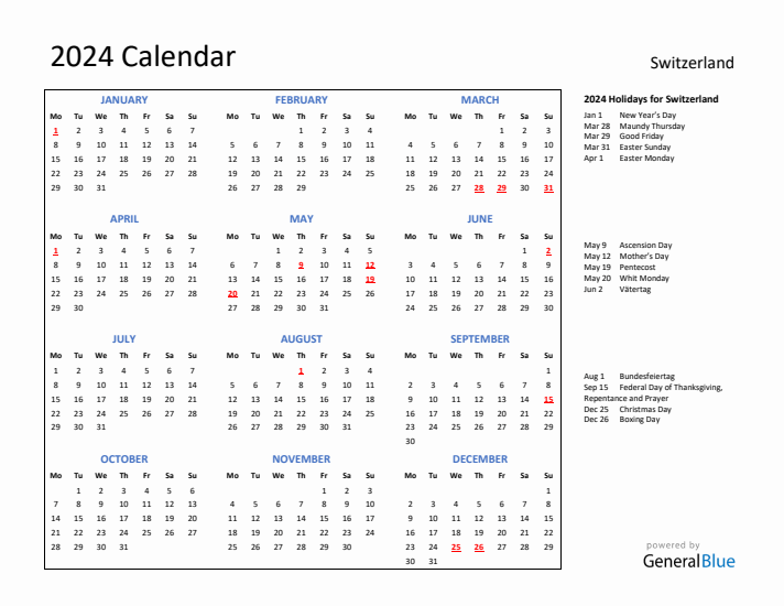 2024 Calendar with Holidays for Switzerland