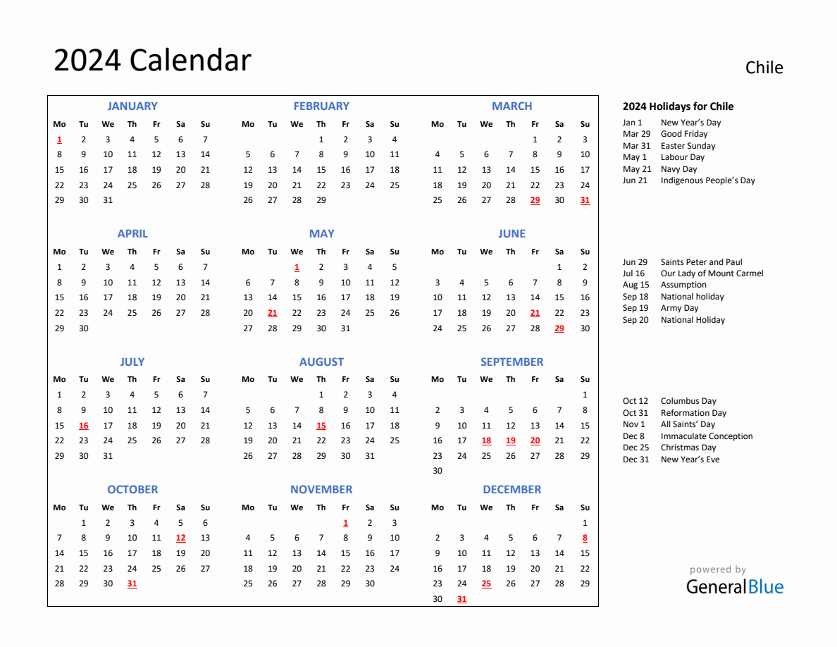 2024 Calendar with Holidays for Chile