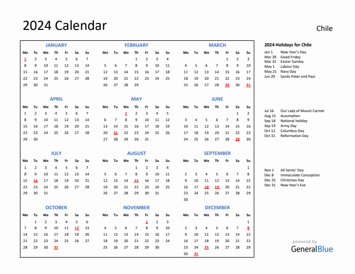 2024 Calendar with Holidays for Chile