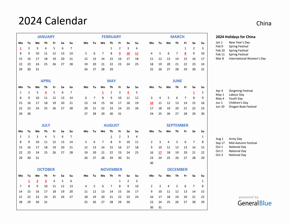 2024 Calendar with Holidays for China