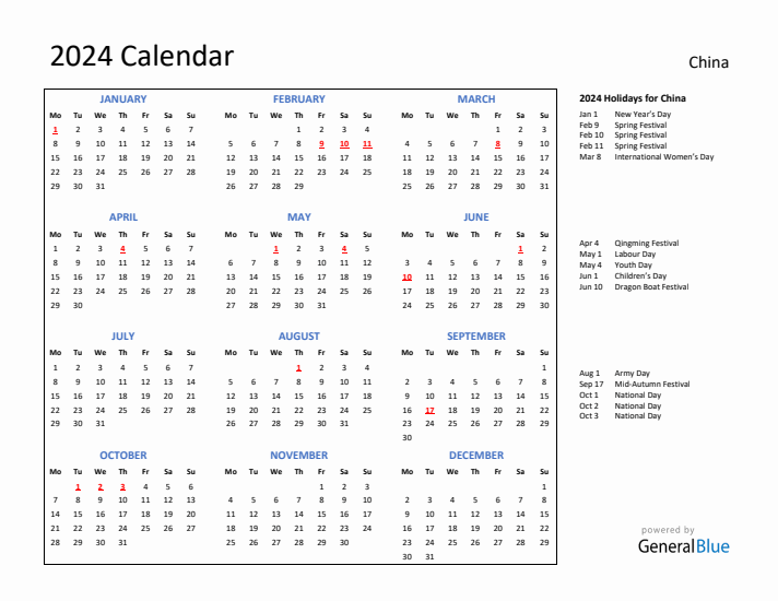2024 Calendar with Holidays for China