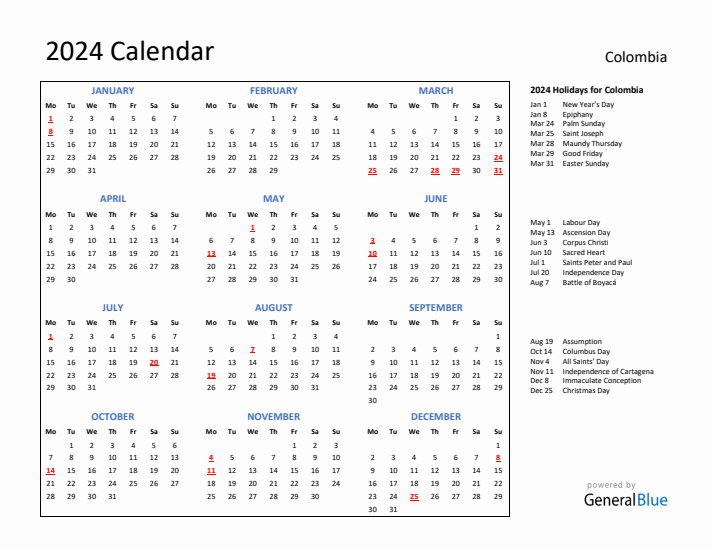 2024 Calendar with Holidays for Colombia