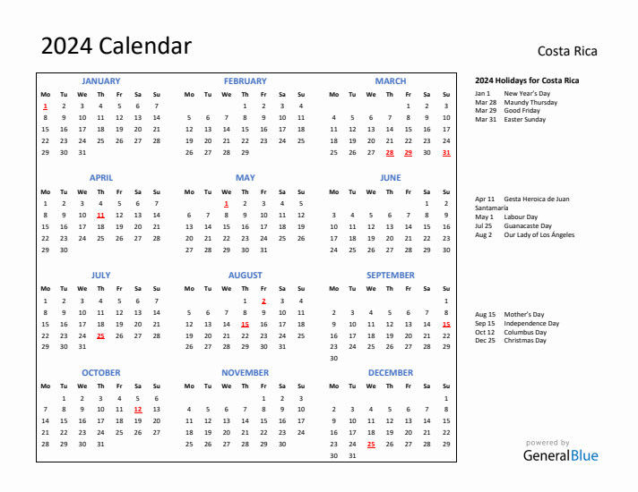 2024 Calendar with Holidays for Costa Rica