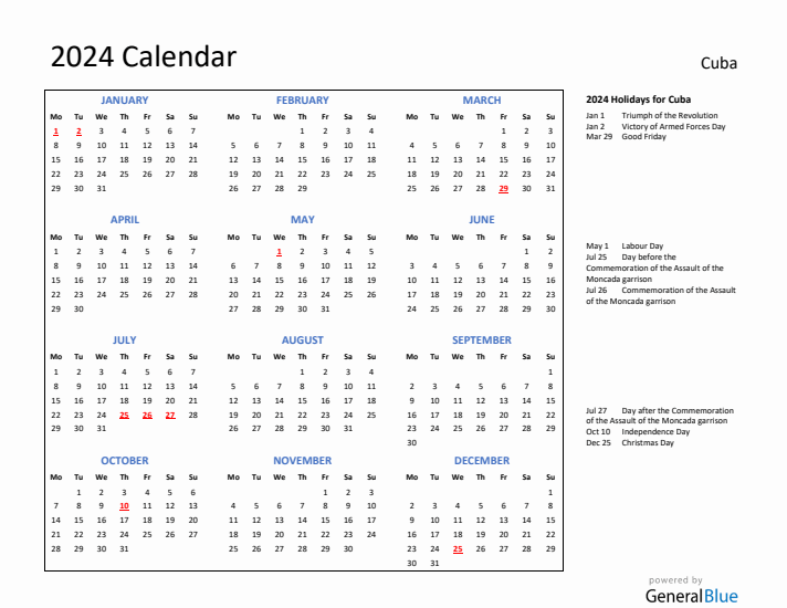 2024 Calendar with Holidays for Cuba