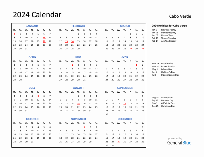2024 Calendar with Holidays for Cabo Verde