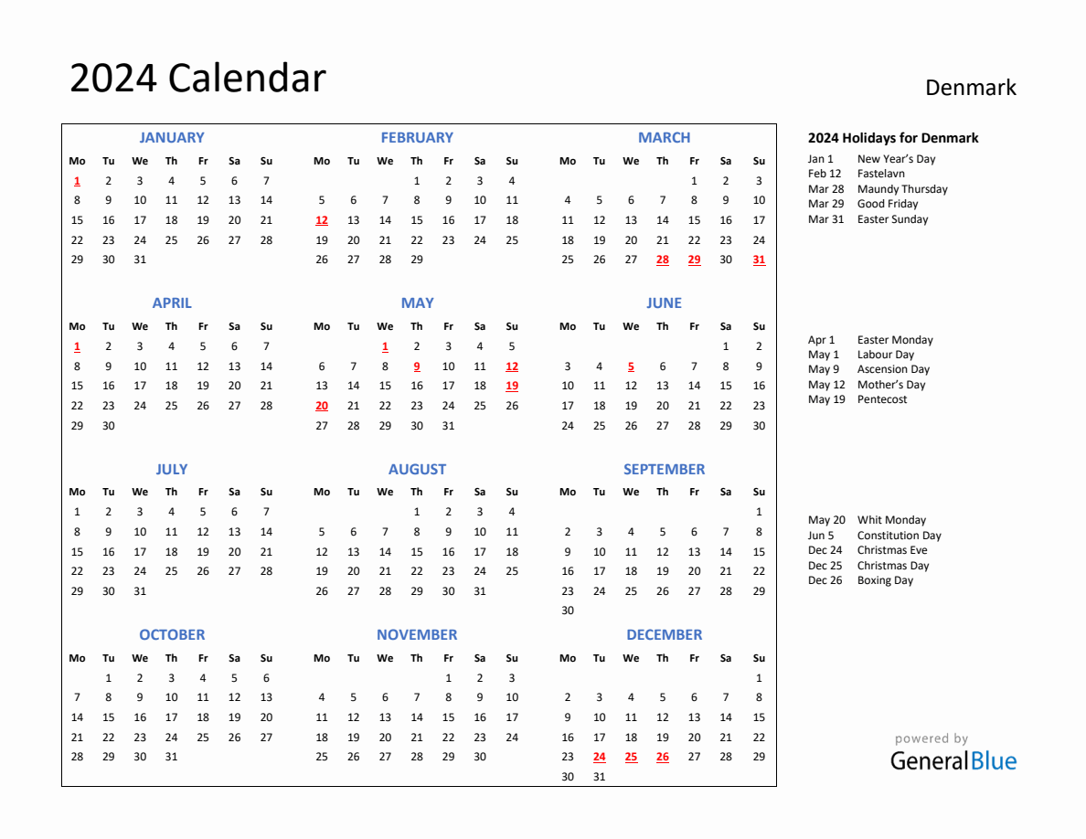 2024 Calendar with Holidays for Denmark