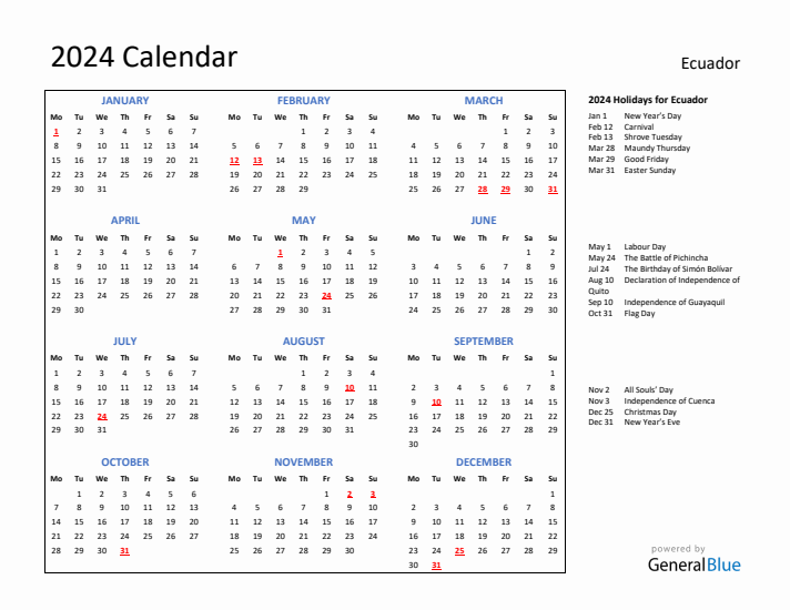 2024 Calendar with Holidays for Ecuador