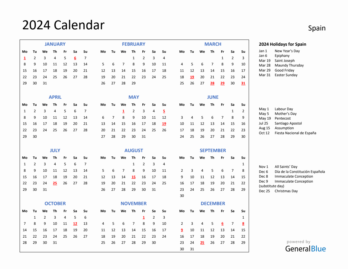 2024 Calendar with Holidays for Spain