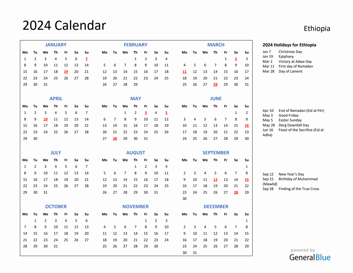 2024 Calendar with Holidays for Ethiopia