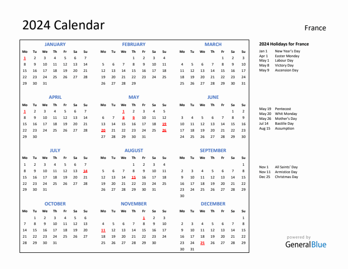 2024 Calendar with Holidays for France