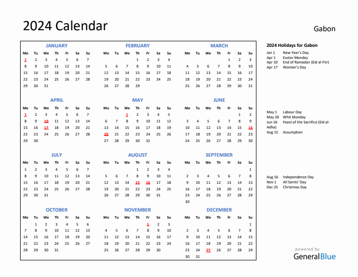 2024 Calendar with Holidays for Gabon