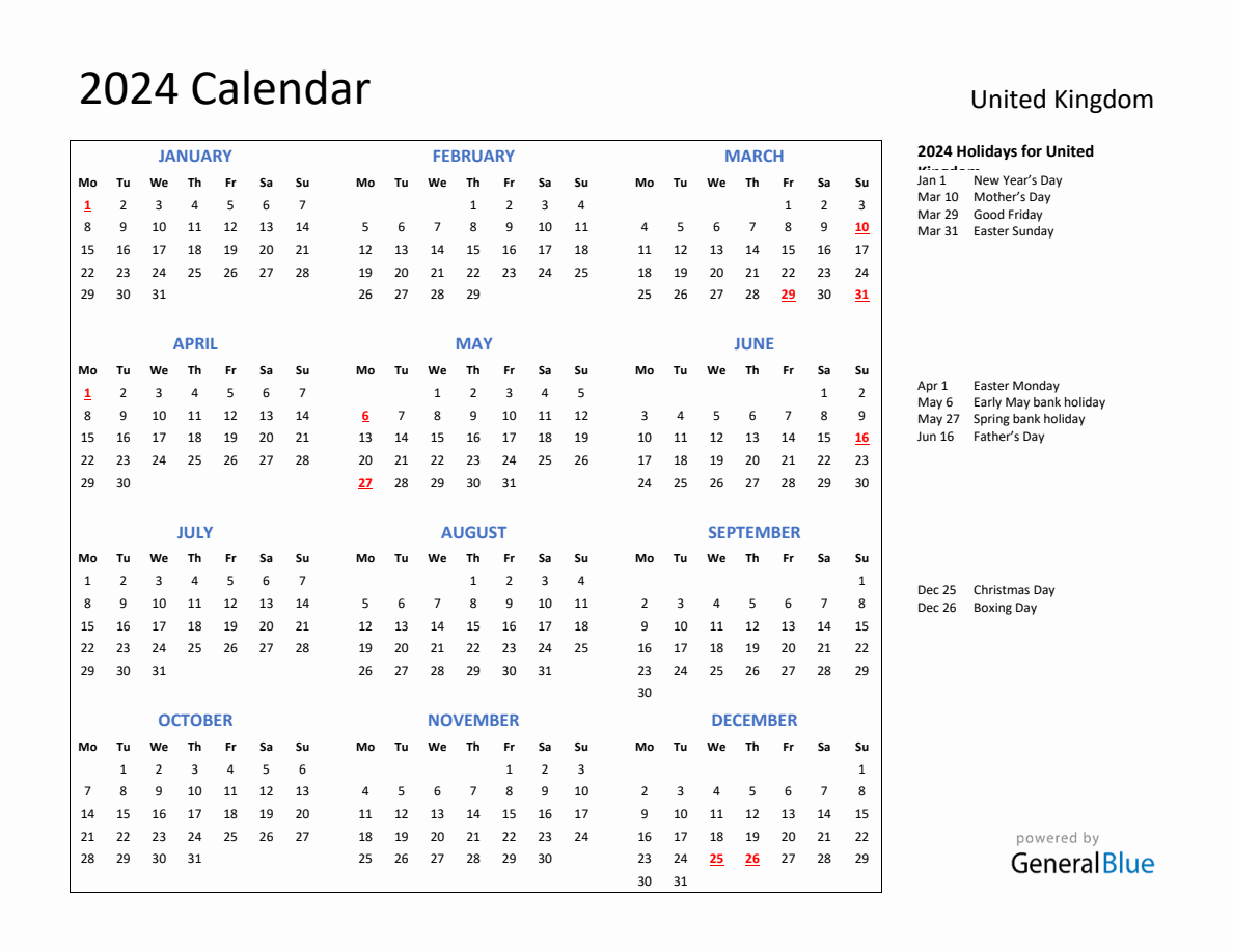 2024 Calendar with Holidays for United Kingdom
