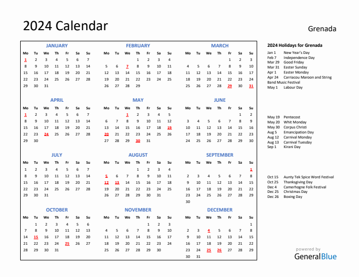 2024 Calendar with Holidays for Grenada
