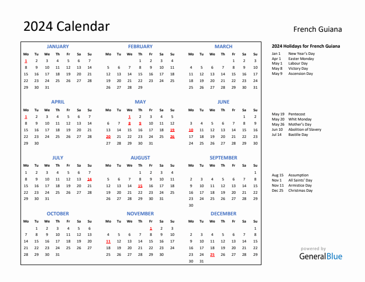 2024 Calendar with Holidays for French Guiana