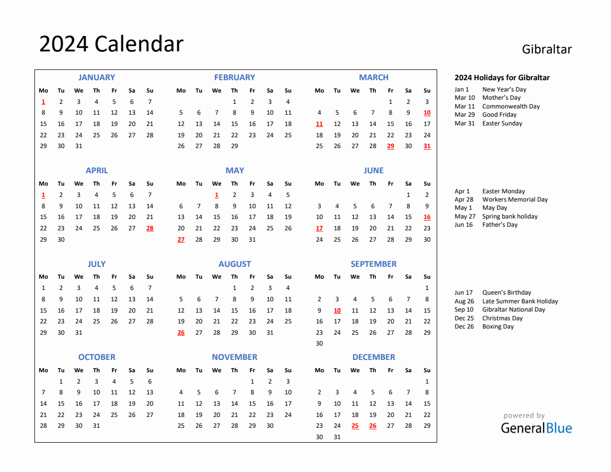 2024 Calendar With Holidays For Gibraltar   2024 Calendar Plain With Holidays Landscape Monday Start En Gi 1188x918 