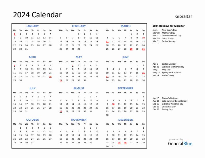 2024 Calendar with Holidays for Gibraltar