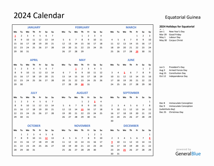 2024 Calendar with Holidays for Equatorial Guinea
