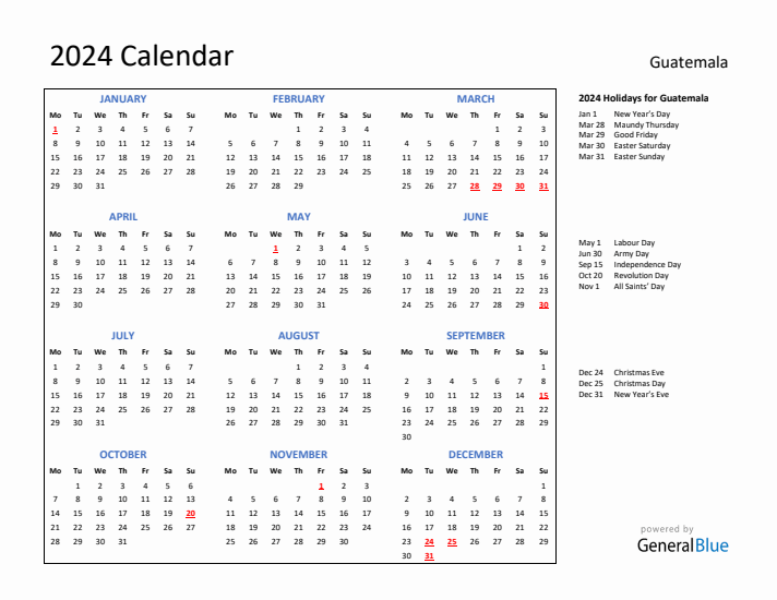 2024 Calendar with Holidays for Guatemala