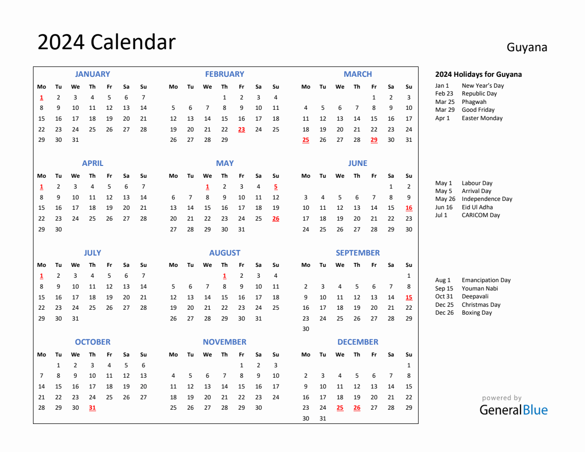 2024 Calendar with Holidays for Guyana