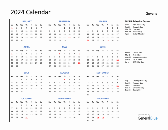 2024 Calendar with Holidays for Guyana