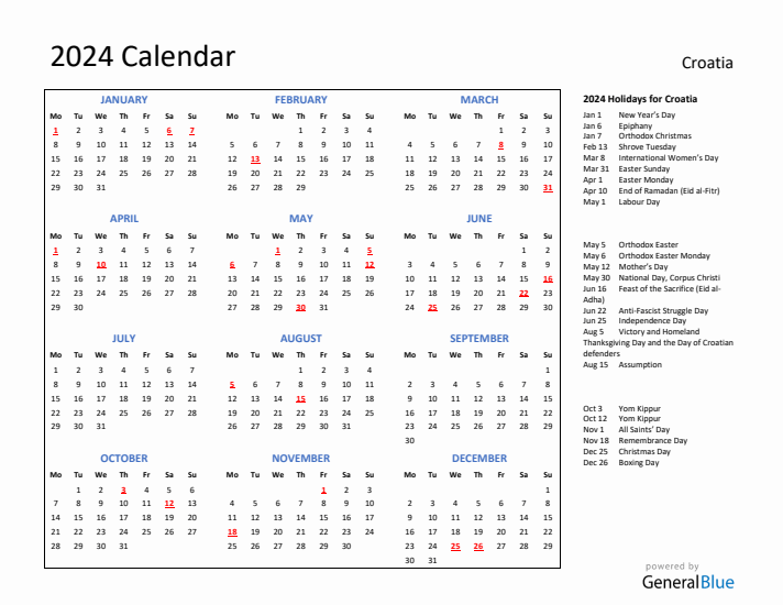 2024 Calendar with Holidays for Croatia