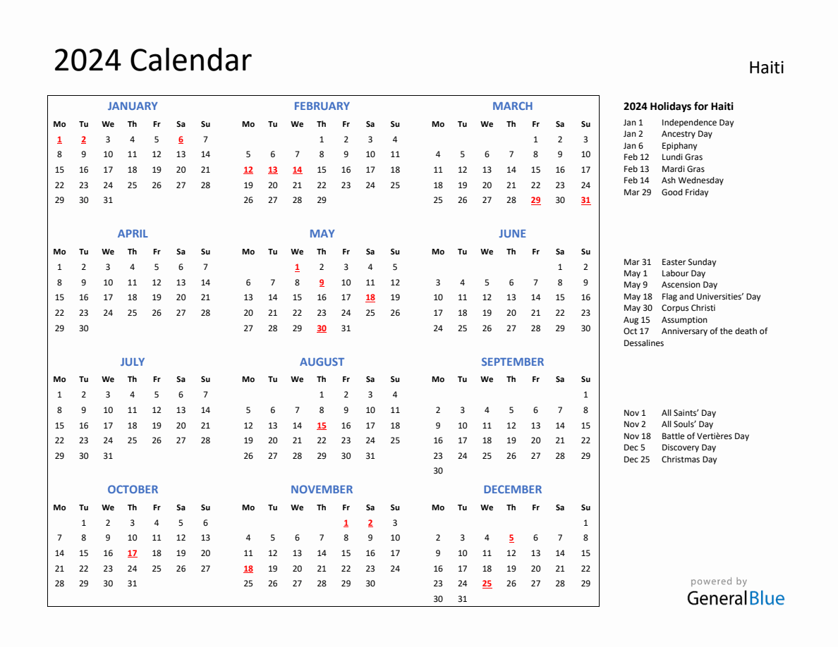 2024 Calendar with Holidays for Haiti