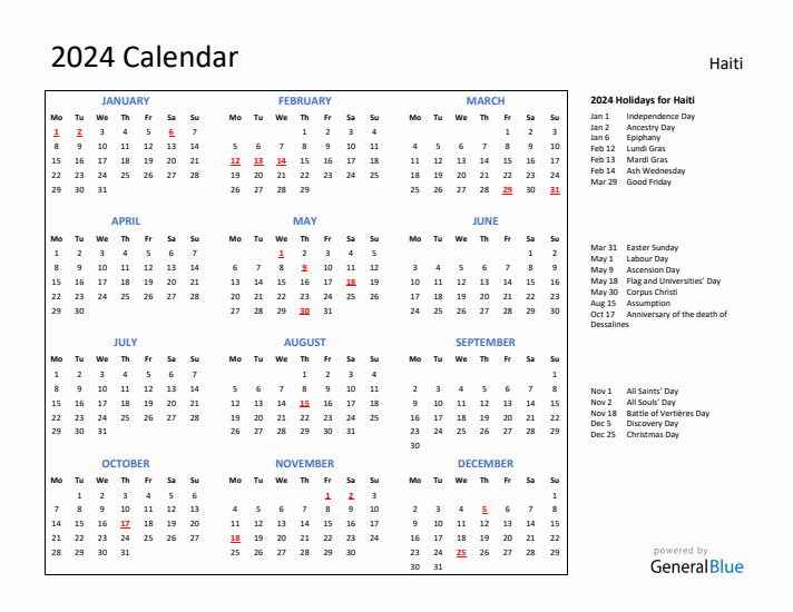 2024 Calendar with Holidays for Haiti
