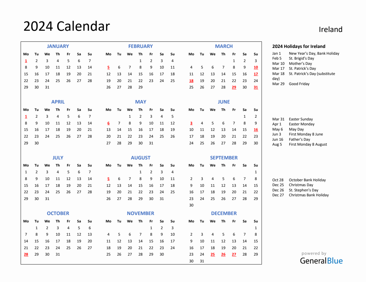 2024 Calendar with Holidays for Ireland