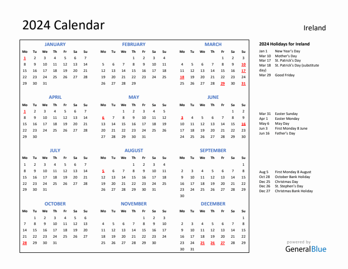 2024 Calendar with Holidays for Ireland