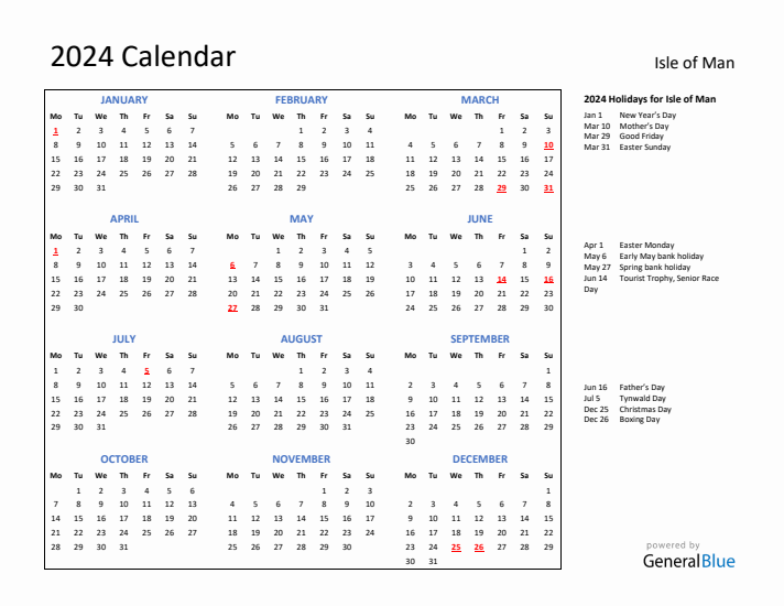 2024 Calendar with Holidays for Isle of Man