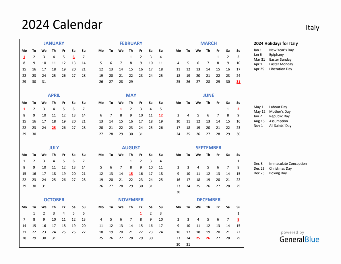 2024 Calendar with Holidays for Italy