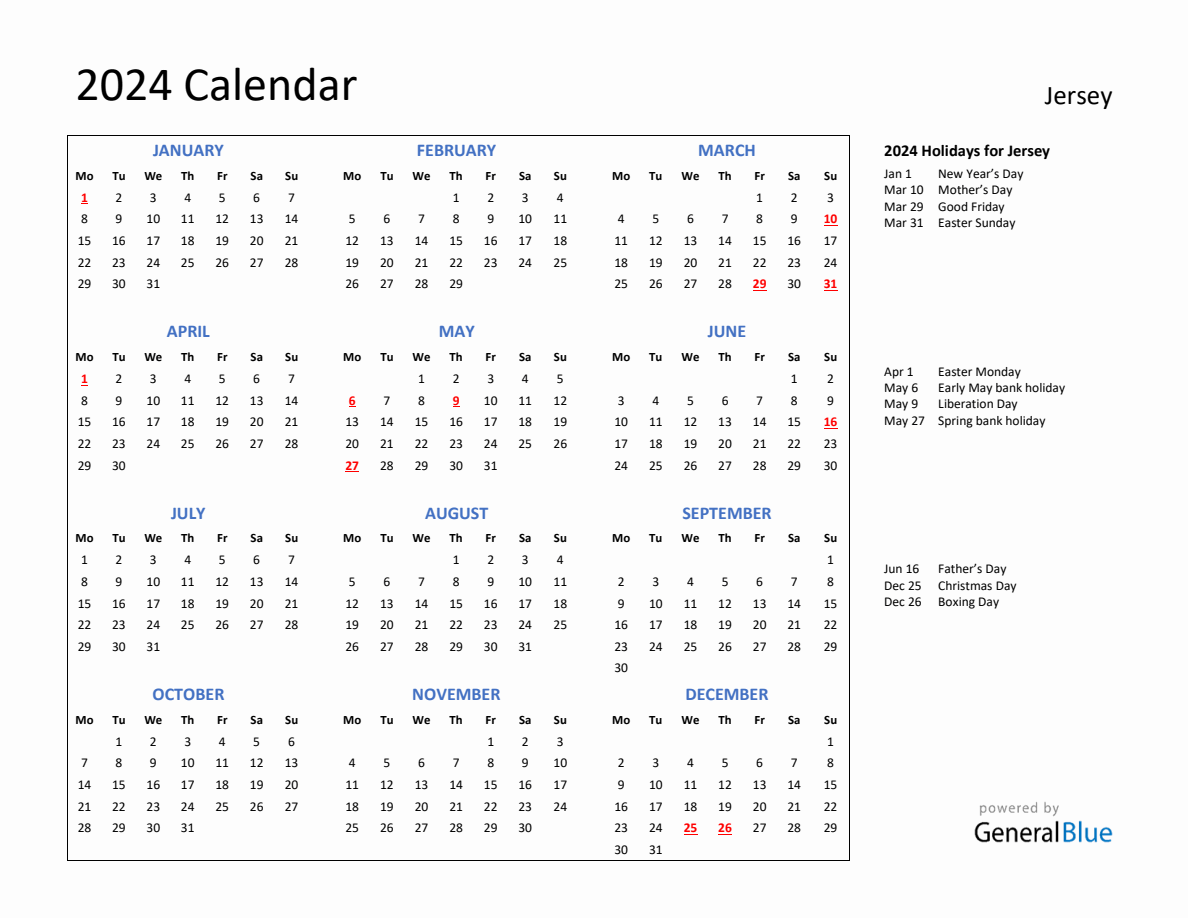 2024 Calendar with Holidays for Jersey