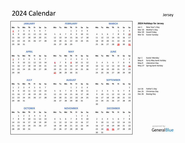 2024 Calendar with Holidays for Jersey