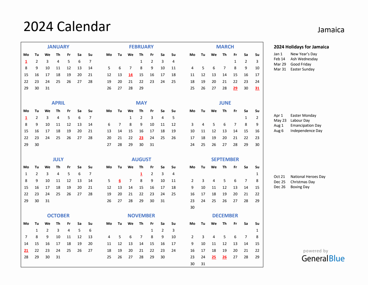 2024 Calendar with Holidays for Jamaica