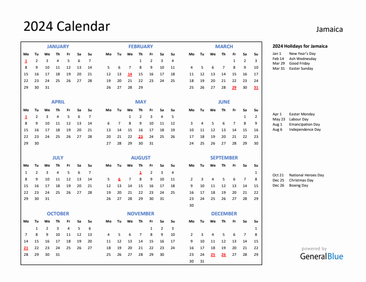 2024 Calendar with Holidays for Jamaica