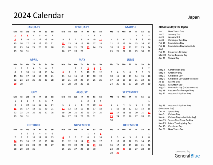 2024 Calendar with Holidays for Japan
