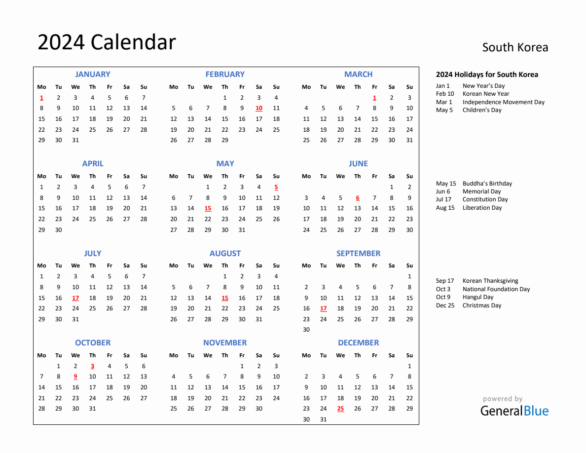 2024 Calendar with Holidays for South Korea
