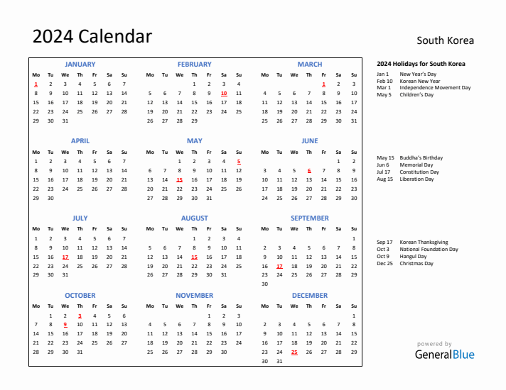2024 South Korea Calendar with Holidays