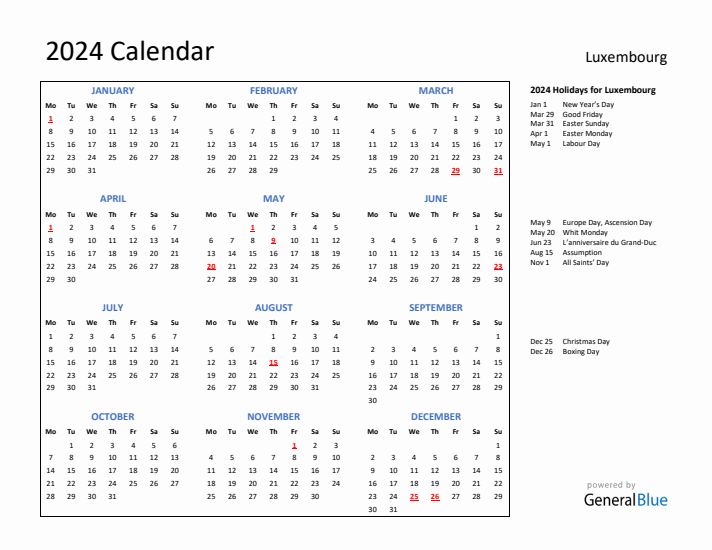 2024 Calendar with Holidays for Luxembourg