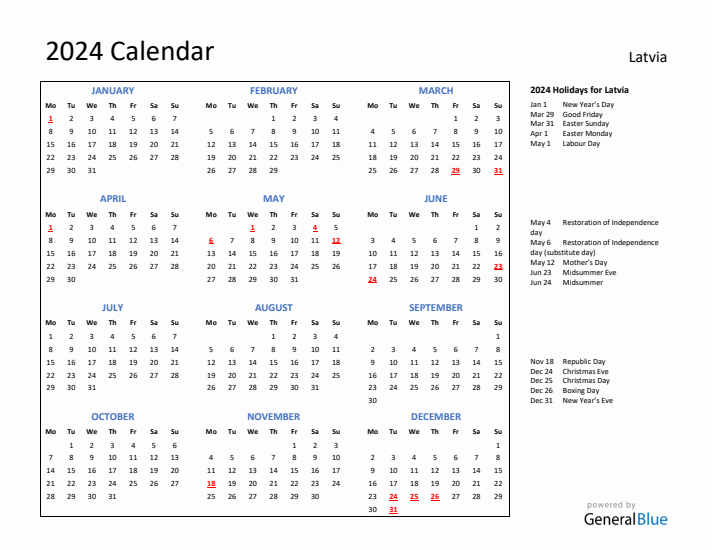 2024 Calendar with Holidays for Latvia