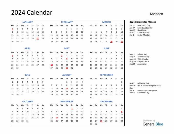 2024 Calendar with Holidays for Monaco