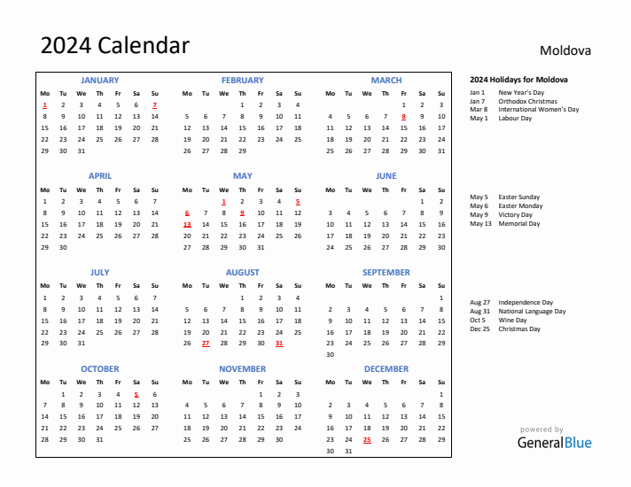 2024 Calendar with Holidays for Moldova