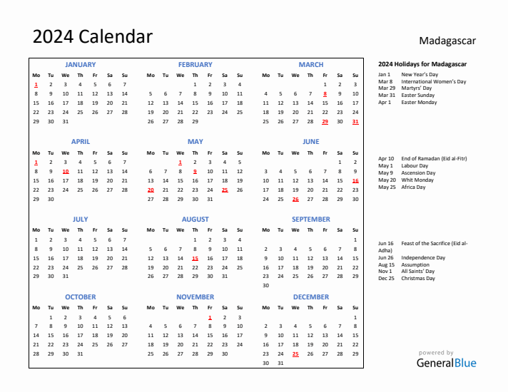 2024 Calendar with Holidays for Madagascar