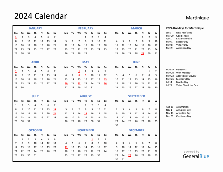 2024 Calendar with Holidays for Martinique